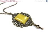 Yellow Bohemian Necklace - Geometric Gold Pendant Boho Filigree Key Vintage Glass Antiqued Bronze