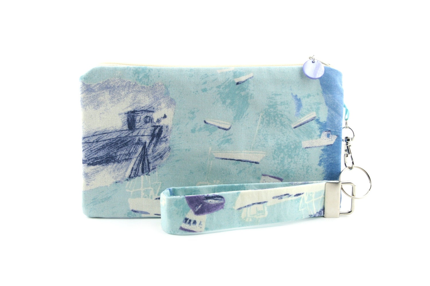Pastel wristlet / blue beach clutch / nautical purse / handmade fabric bag featuring blue boats in the ocean