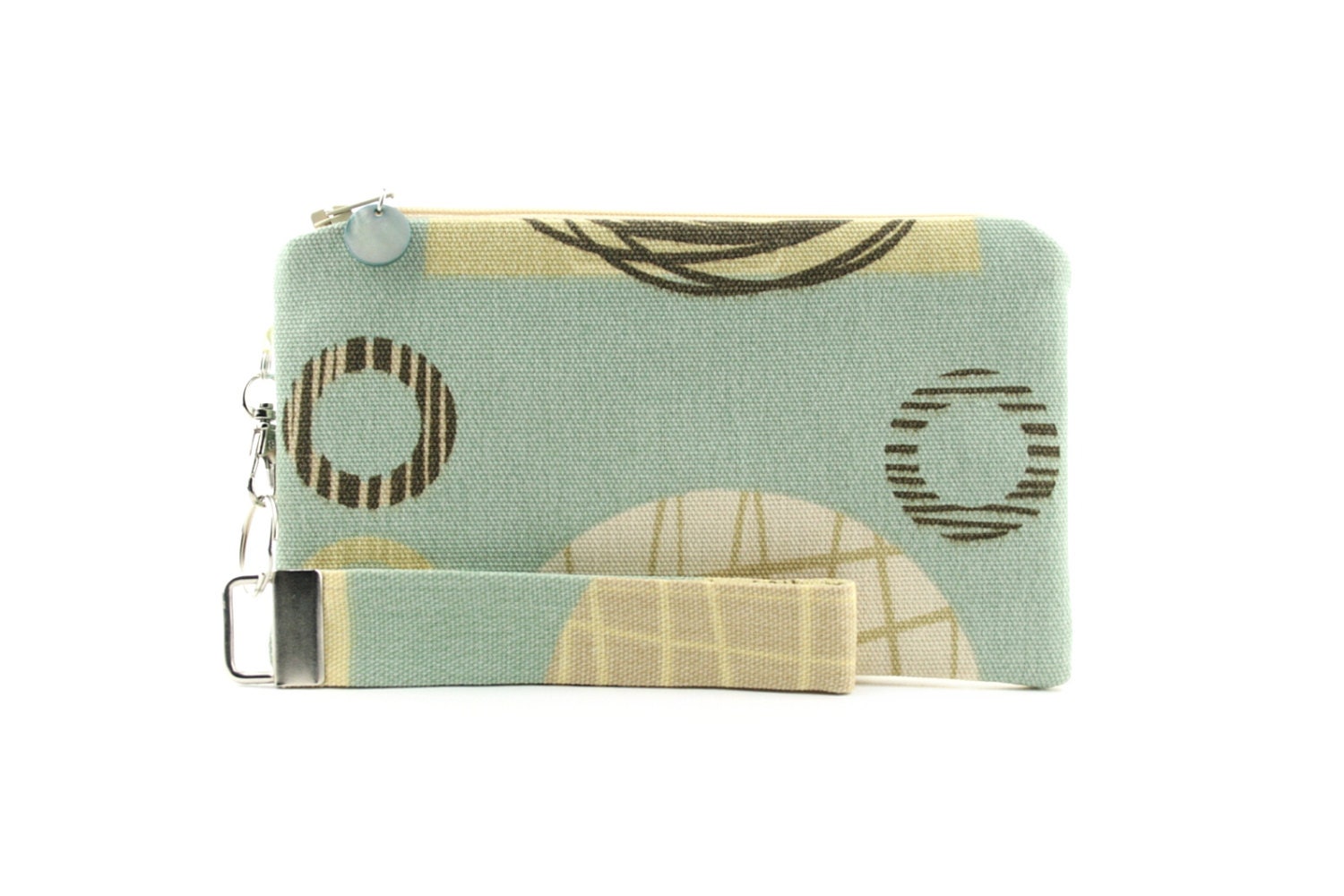 Aqua wristlet / pastel clutch for spring / small purse / zipper pouch & detachable key fob gift set for women in modern fabric with circles