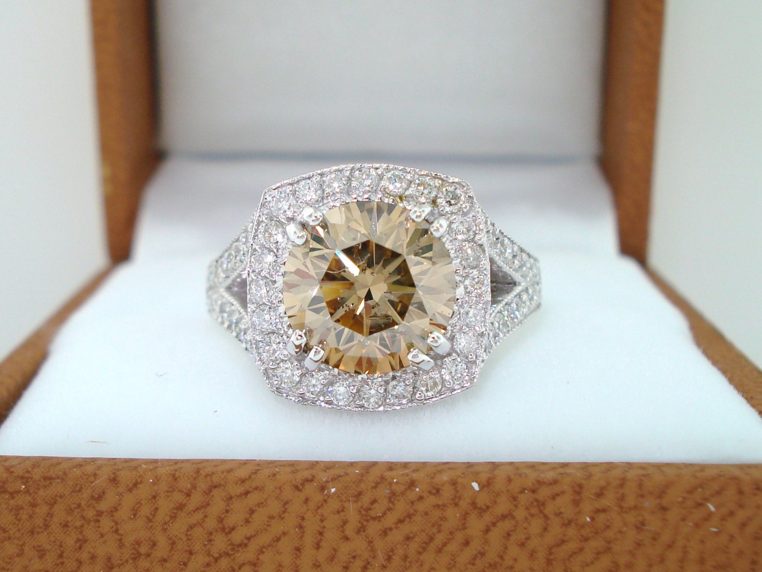 3.16 Carat Certified Natural Champagne & White Diamond Engagement Ring 14K White Gold HandMade Unique Ring Pave Set