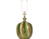 Mid-Century Modern Pottery Lamp . Green Lava Glaze . Large 11 inch diameter