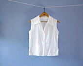 White Sleeveless Blouse 1950s Vintage Embroidered 50s Blouse Collared Button Down White Tank Top Summer Floral Shirt Small