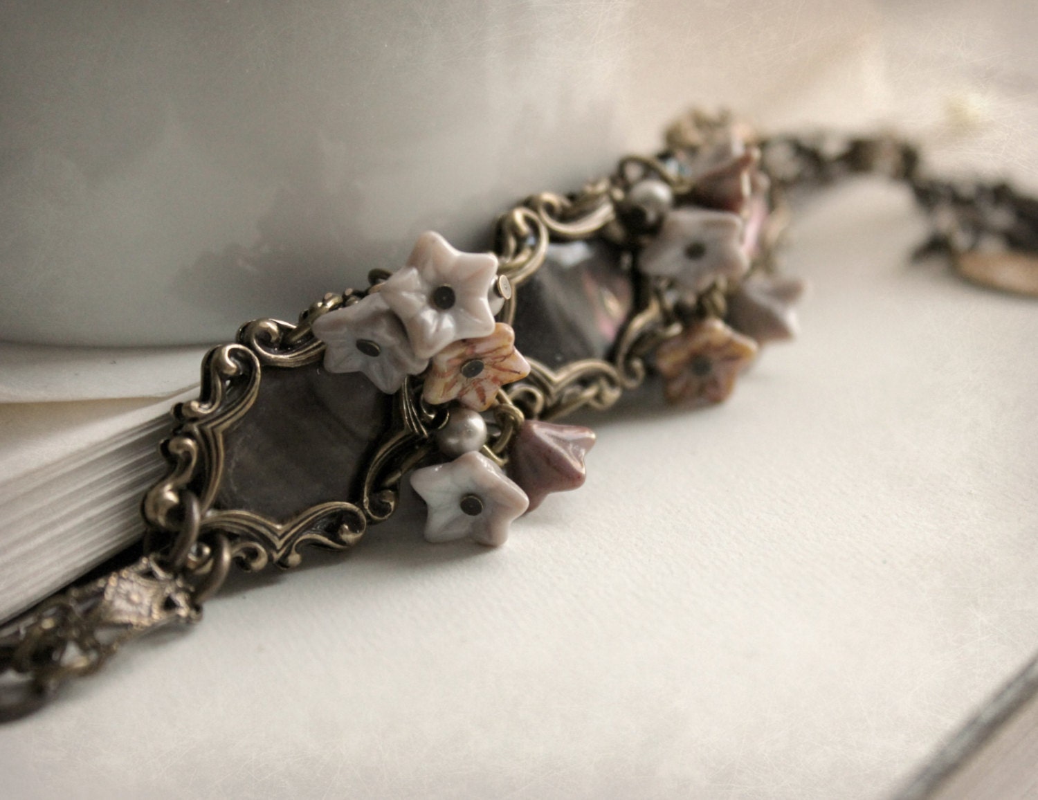 Cottage Chic Aged Brass and Mother of Pearl Bracelet - Pastel - Spring - Victorian - Feminine - Floral - Unique - Bridal