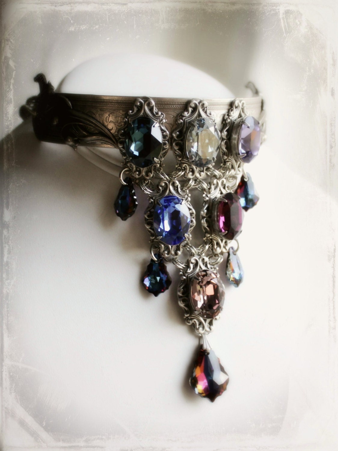 Nebulae Aged Silver and Swarovski Collar - Blue - Purple - Sapphire - Amethyst - Victorian - Fantasy - Bridal