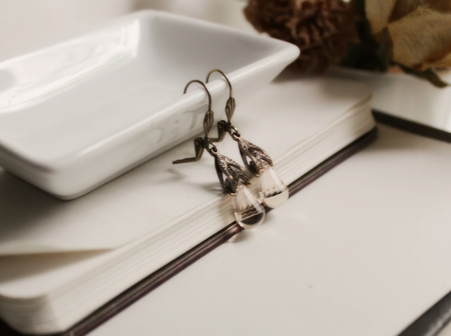 Emma Aged Brass and Swarovski Earrings - Blush - Neutral - Nouveau - Victorian - Summer - Wedding - Bridal