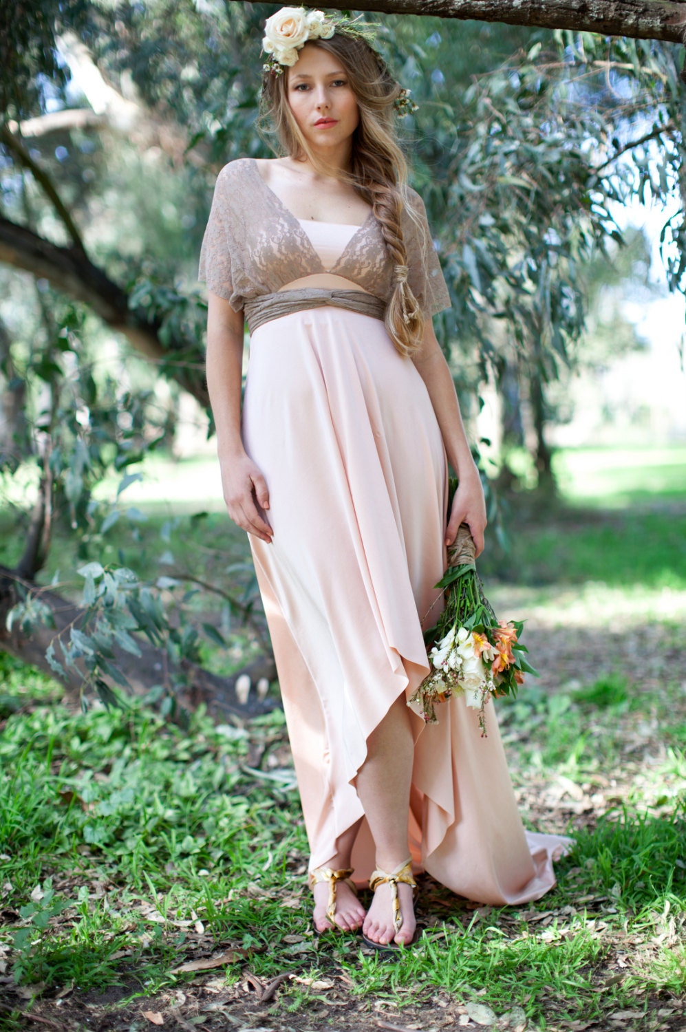 Seagoddess High/Low with Train- Seashell Peach Satin and Mocha Lace- Bride, Weddings, Bridesmaids
