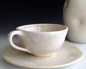 Handmade stoneware, white crackle tea cup and saucer set by Leslie Freeman