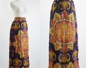 Vintage Maxi Skirt -- Glitter 60s 70s Hippie Ethnic Print -- Medium Large