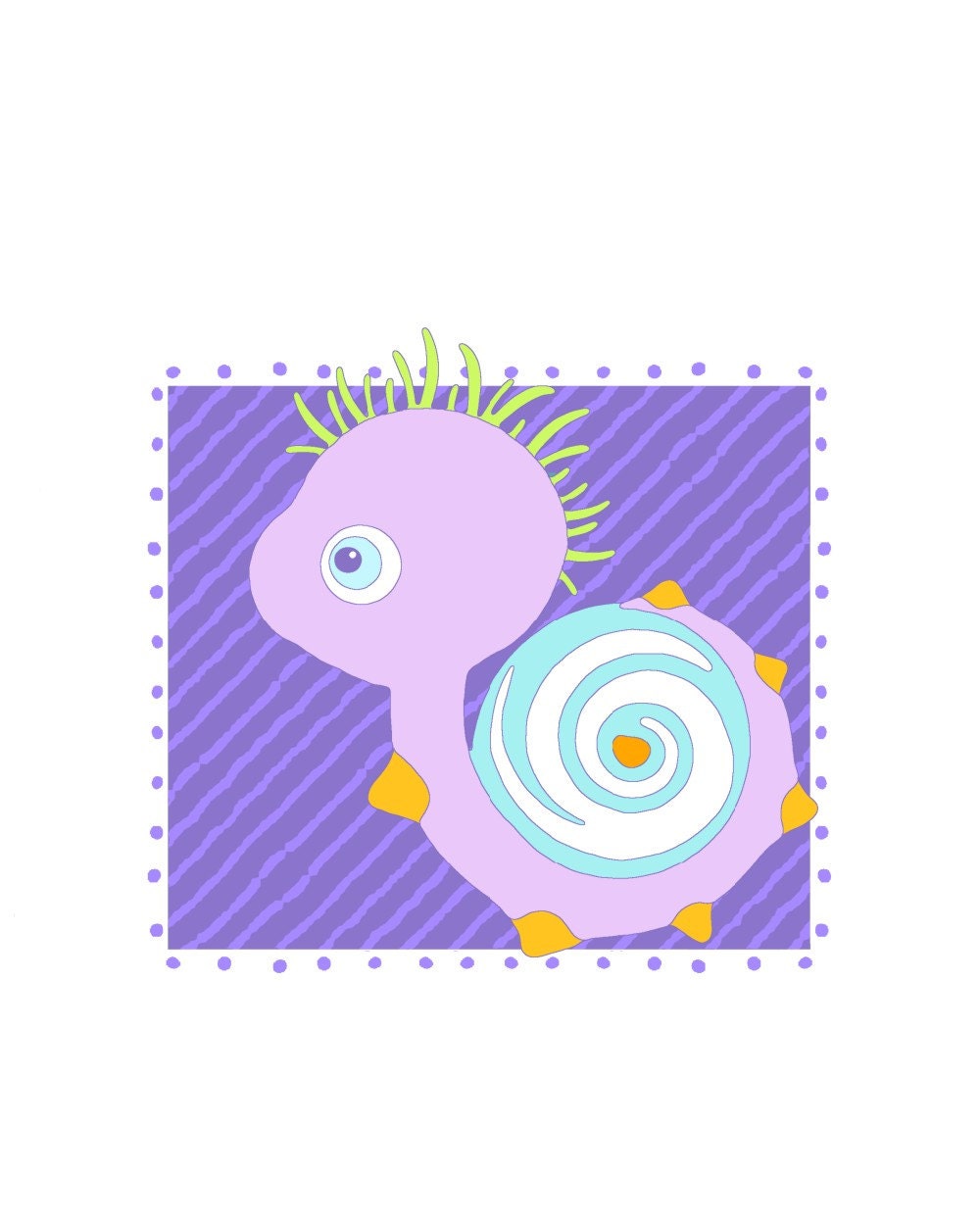 Cute snail art print, nursery wall art, fantasy animal, digital illustration, baby wall art, purple