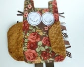 Brown Minky OWL Blankie Roses Flannel Ribbon Tag Baby Blanket Lovey Lovie Baby Gift