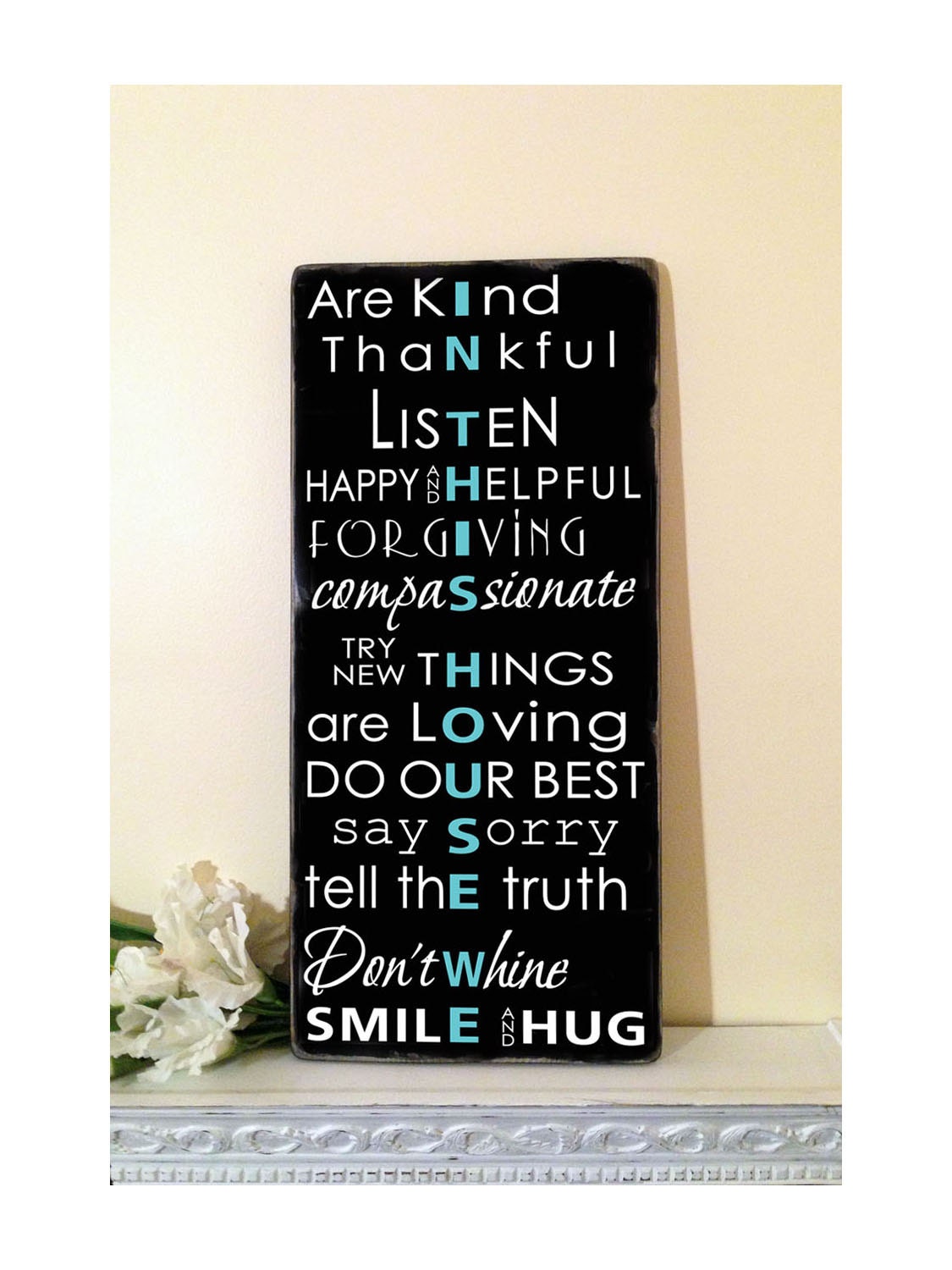 In This House We...FAMILY RULES sign- Distressed Typography Word Art Sign on Wood-