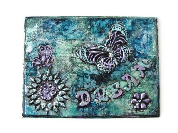 Dream Sign with butterflies and flowers metal wall art 3D butterfly on dream plaque in blue, aqua, teal, green and lilac