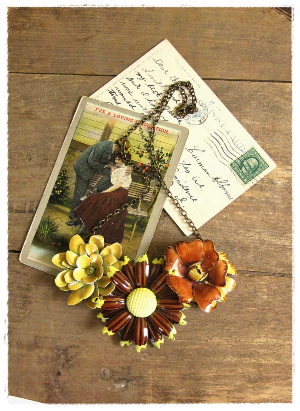 Floral Bib Necklace, Boho Flower Statement Necklace, Brown, Honey Yellow, Garden Inspired, Eco Friendly Recycled Jewelry