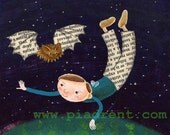 SALE Nightly Friends, original art, whimsical painting, 5 x 5 inches, dark starry sky, green, blue