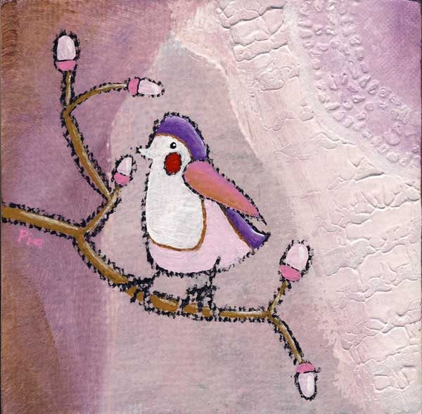 One Lilac Bird, original art, flower buds, whimsical painting, 5 x 5 inches, acrylic texture, lilac pink