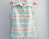 60s vintage sleeveless pastel polyester shirt, button down, stripes, fitted shape - Medium