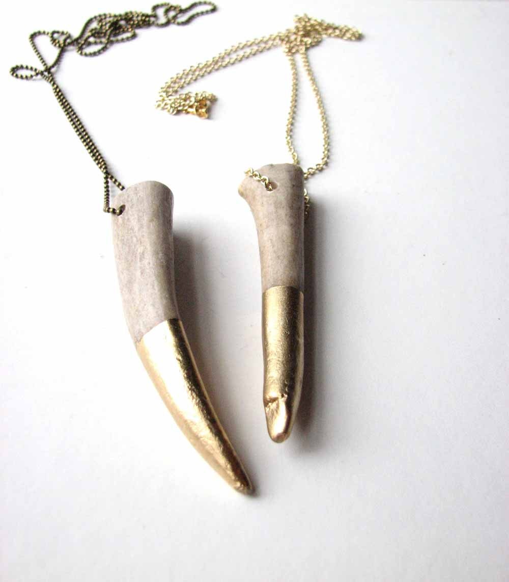 gold dipped antler tip necklace - paint dipped antler jewelry - unisex mens jewelry / natural antler on long chain - friendlygesture