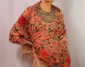 East of Eden / Silk Shawl Stole Wrap  Mahogany Flame Forest Green Pure Silk on Pure Wool Woven Luxury Flower Embroidered Scarf Pashmina