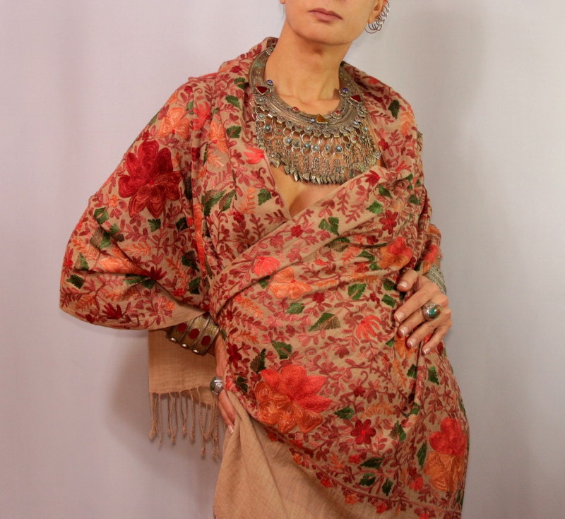 East of Eden / Silk Shawl Stole Wrap  Mahogany Flame Forest Green Pure Silk on Pure Wool Woven Luxury Flower Embroidered Scarf Pashmina