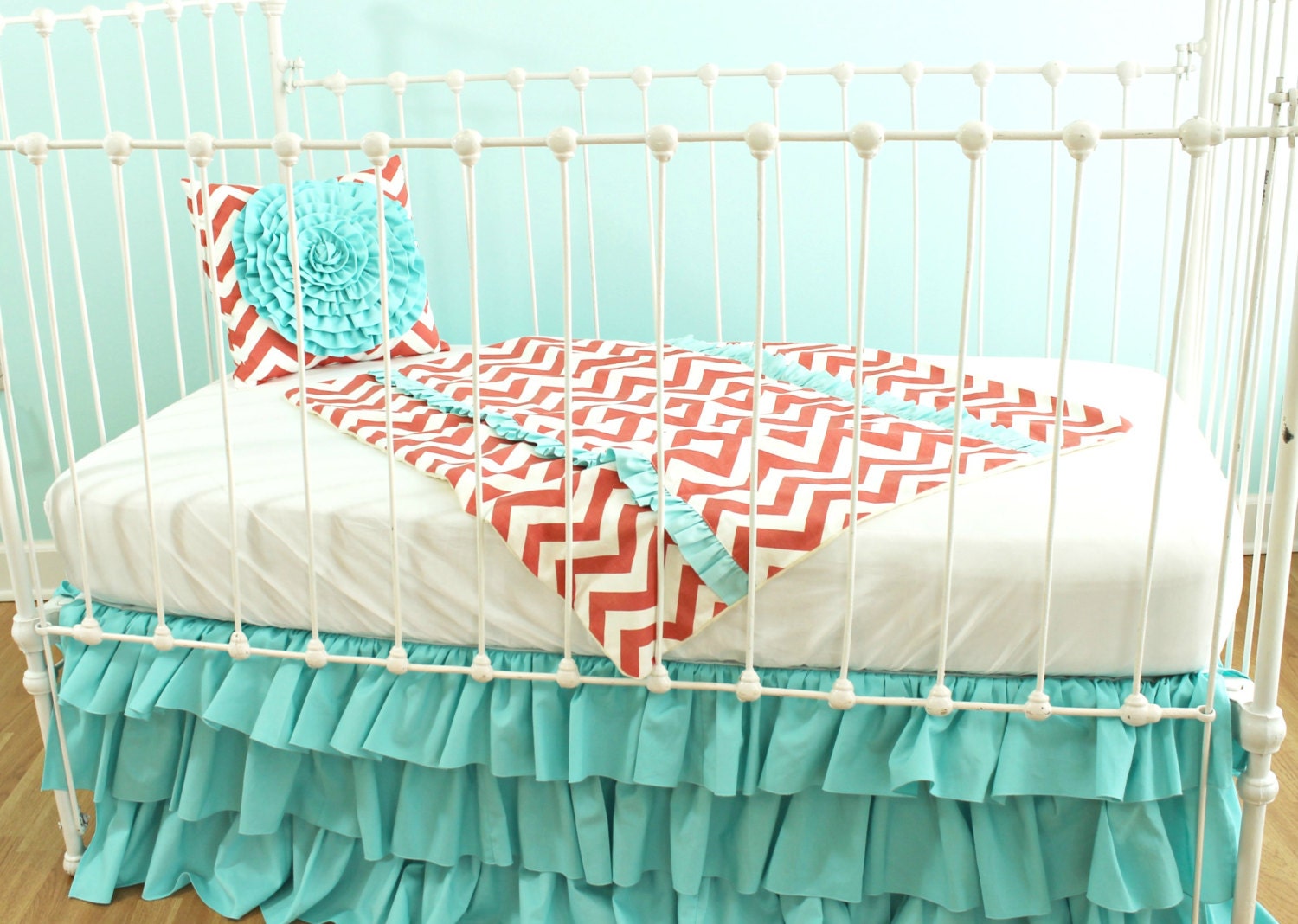 Bumperless Baby Bedding-  3 piece Chevron Ruffle Set- You choose the colors