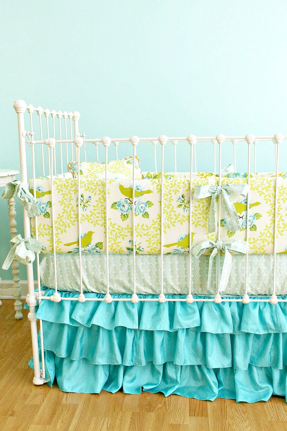 Turquoise Birdie Ruffles Custom Crib Bedding Set