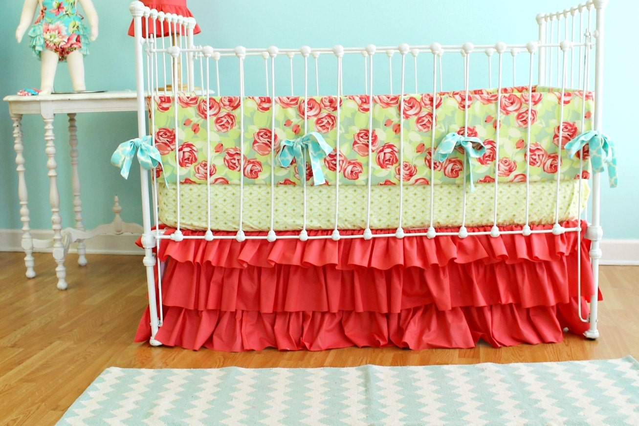 Coral Baby Girl Crib Bedding-  Tumble Roses & Ruffles crib set