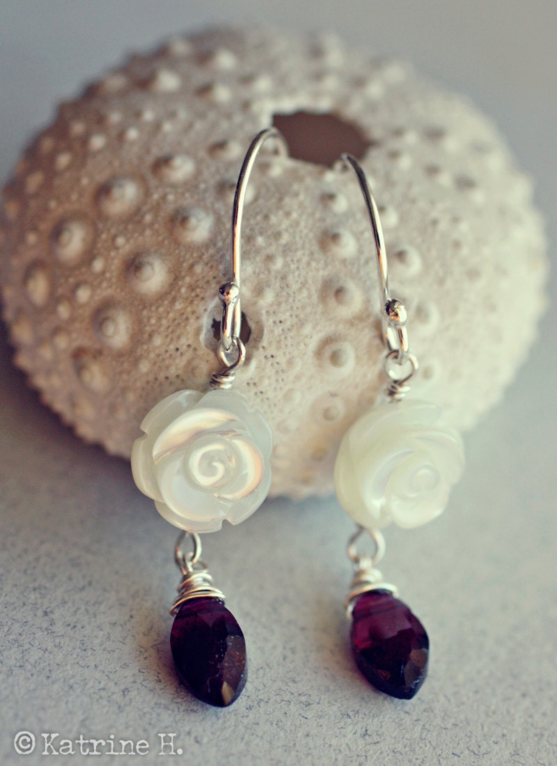 White Roses - Hand Carved Mother of Pearl - Faceted Garnets  - Snowhite & Rose Red - Sterling Silver Earrings -