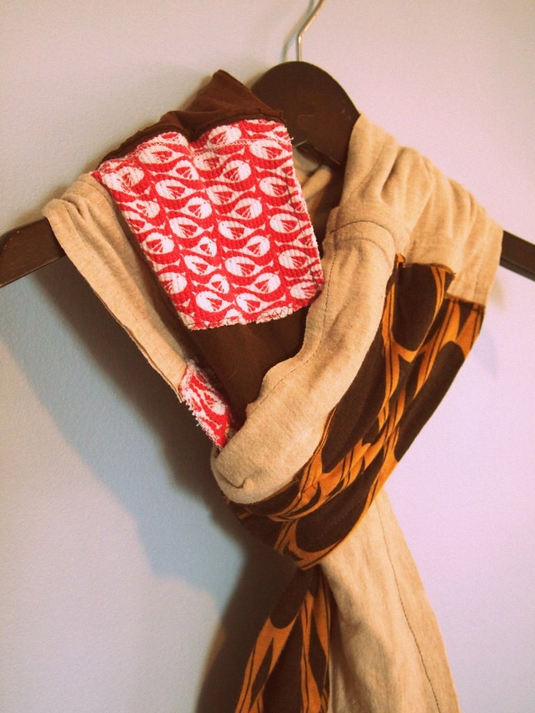 Handmade Up-cycled brown, tan, rust and fuchsia T-shirt scarf