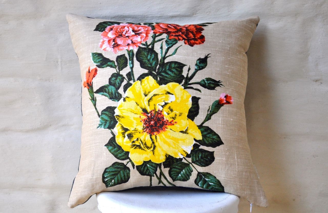 CARNATIONS & ROSES Vintage Irish  Linen Tea Towel Cushion Cover Upcycled Repurposed Spring Flowers Pillow Cushion