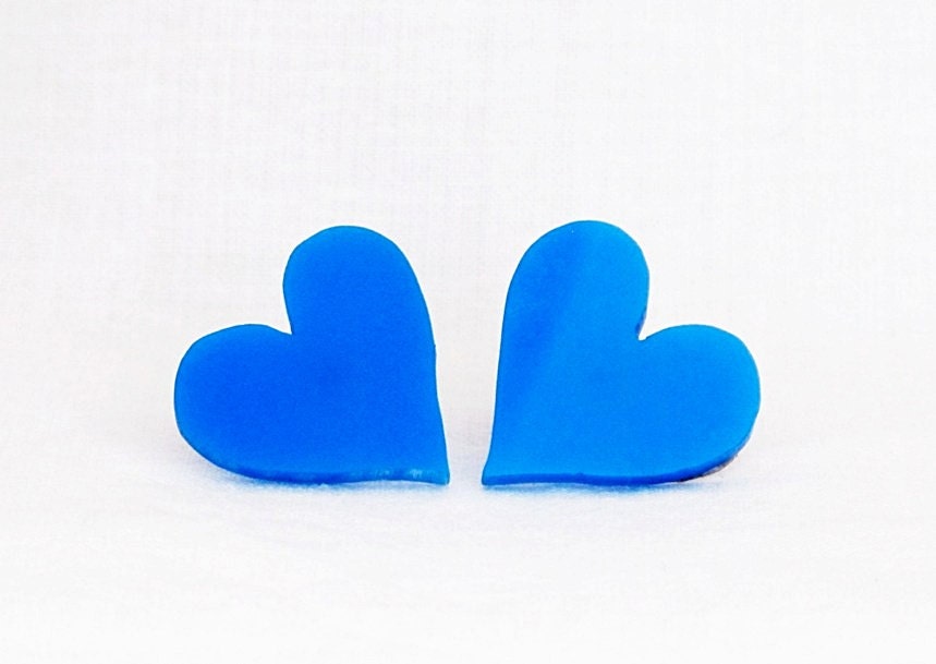 Cobalt Blue Heart Statement Earrings Blue Silver acrylic glass Love Heart post stud Earrings ACRYLITE Lucite Perspex cobalt blue heart post - HelenSilverSmit