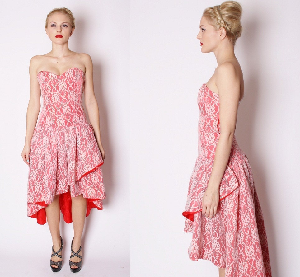 Strapless Red Iridescent Lace Overlay Mullet Skirt Sweetheart Cocktail Party Prom Dress / Red Wedding Dress / Sparkle / Glitter / 1632