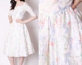 Pastel Iris Floral White Cocktail Wedding Dress / Vintage Wedding Dress /  Pastel Floral Vintage Prom Dress / 2237