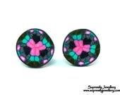 Cosmic Kaleidoscope Pink Stud Earrings Polymer Clay Wearable Art