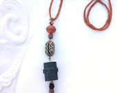 Unique Vintage Jewelry, French Embroidery Stamp, Tassel, Long Necklace, Terrcotta, Black, Rust, Cinnamon
