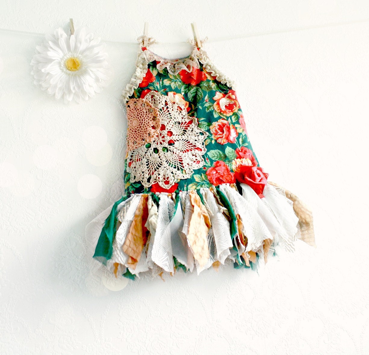 Fairy Princess Dress Shabby Chic Clothing Coral Red Roses Girl's Birthday Dress Peach Lace Toddler Clothes 3T 'NAHLA'