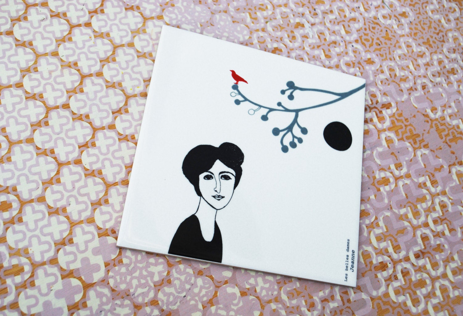Jeanne and a little red bird, ceramic tile