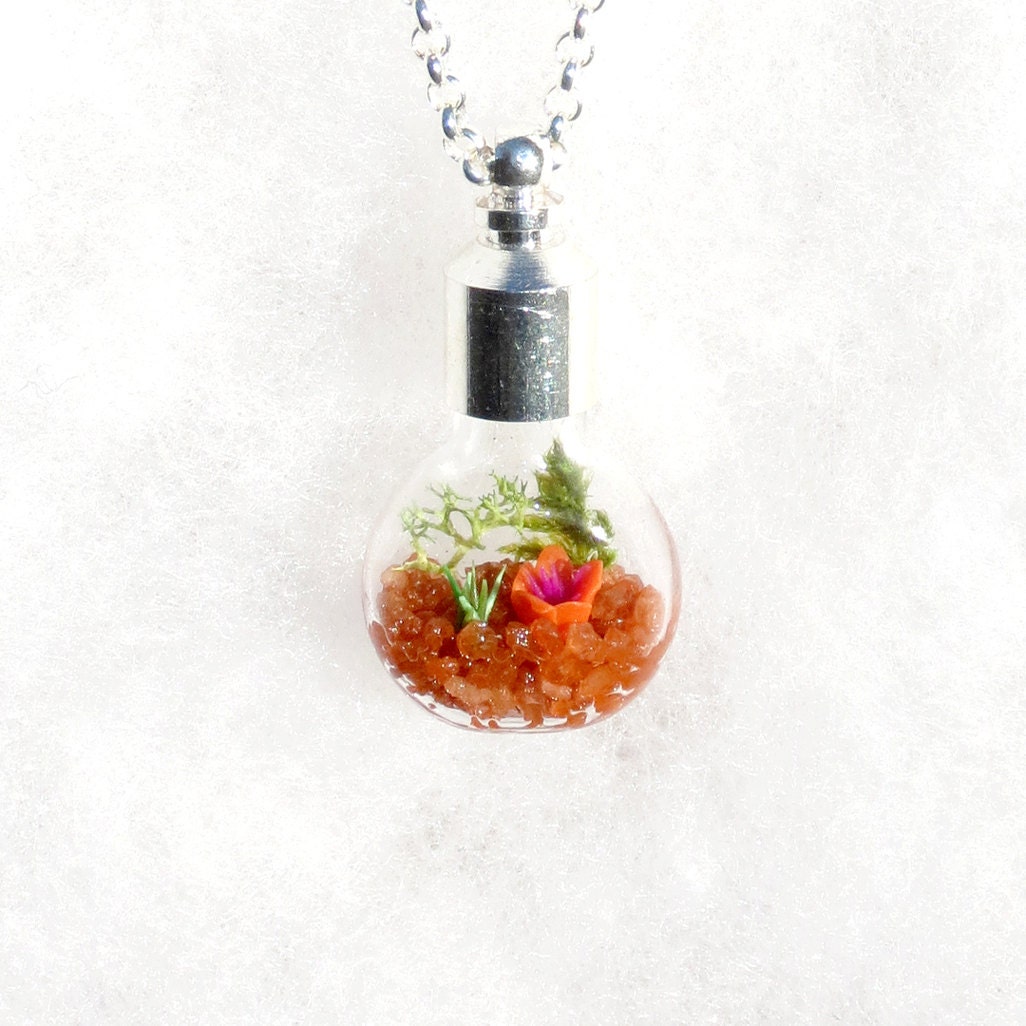 Ecosystem Necklace, Terrarium Pendant Necklace, Flower Necklace, Orange Necklace, Flower Terrarium Necklace, Spring Necklace