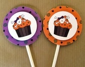 skull cupcake costume birthday party purple orange halloween colors cupcake cake toppers decorations personalized - set of 12