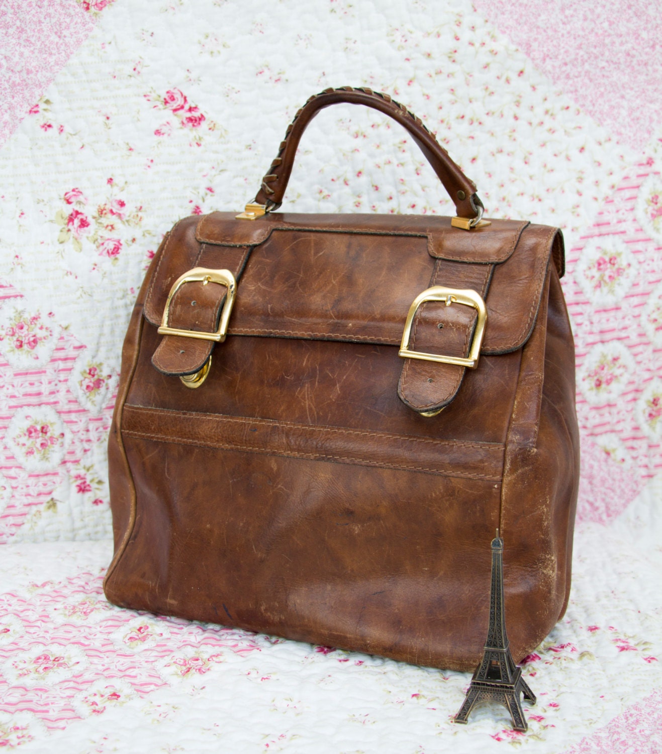 Honey Bee, French Vintage, 1960s Tan Leather Satchel, Workbag, Handbag from Paris