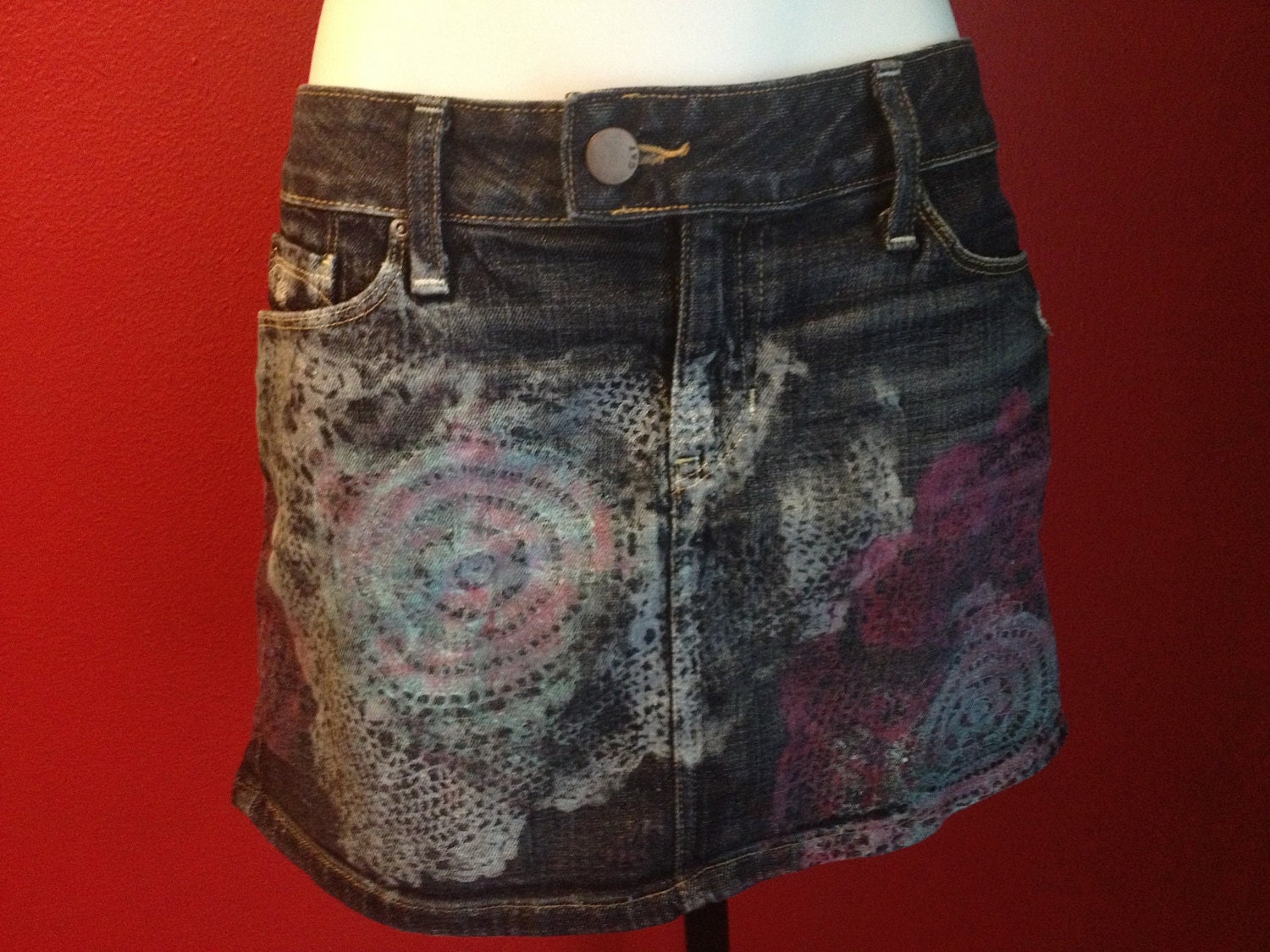 Jean GAP Skirt, CROCHET  hand printed doily Pattern, Size 6, 28