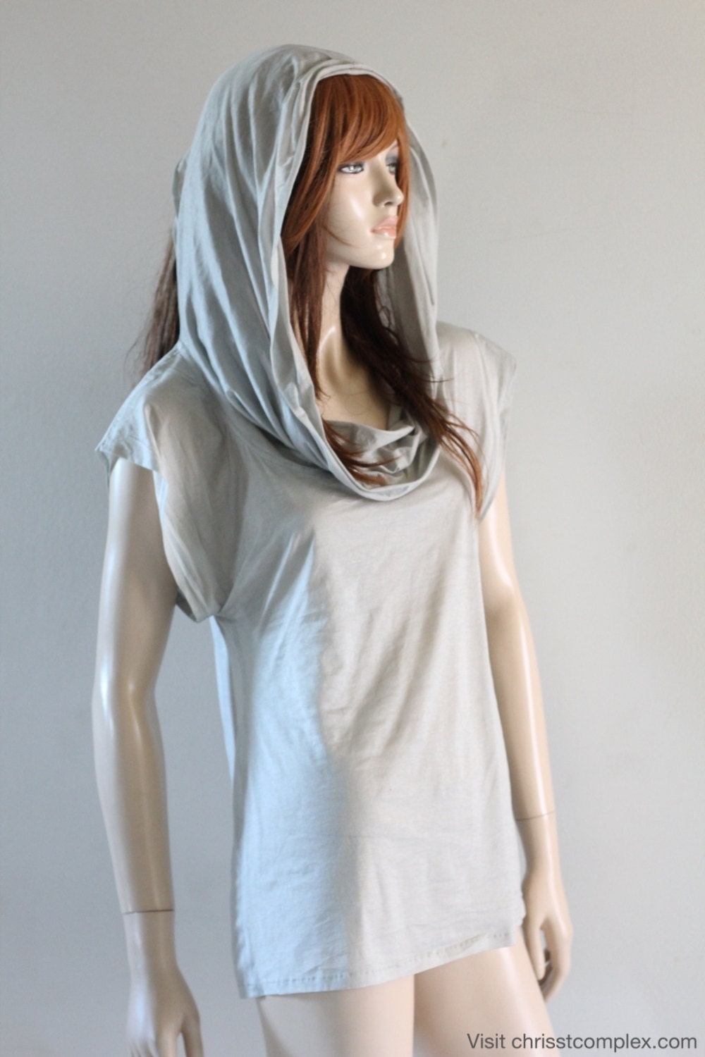 Hoodie T-shirt Short Sleeve Top Hood Drape Cowl Modal Yellow Grey Stretch Unique Fashion - SPECIAL ETSY PRICE