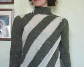 Diagonal Striped Turtleneck  Wool and Mohair Sweater in Moss Green and White Small