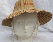 SPF Collapsible Striped Straw Sun Hat Natural Wide Brim with White,  Red and Yellow Stripes