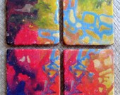 TILE COASTERS HANDMADE tile with multi-colored original artwork -set of 4 blue red orange green