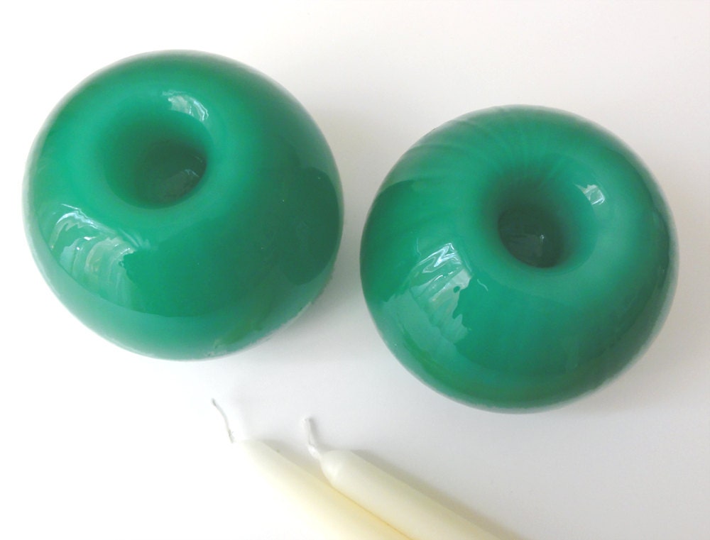 Vintage Mid Century Green Glass Candle Holders