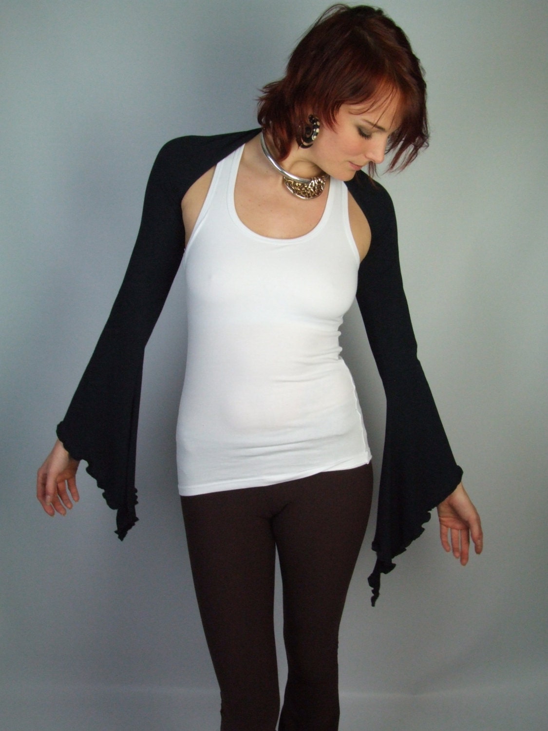 Black Shrug - Long Bell Sleeved - Cotton Lycra - Medieval - Fairy - Bolero Jacket Top - ALL SIZES - Choose Edging Colour