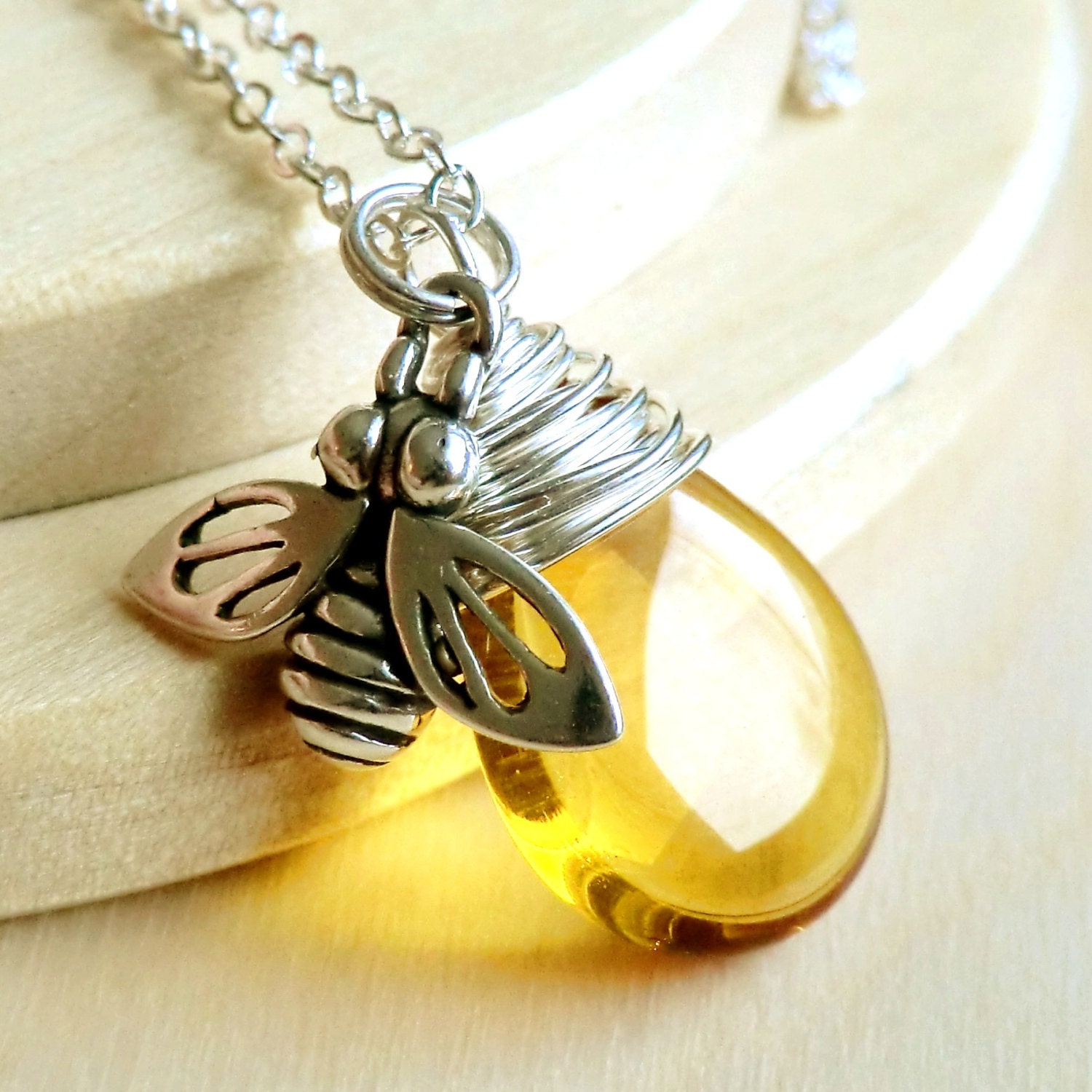 Honeybee Necklace,  Yellow Glass Wire Wrapped Pendant, Czech Glass, Sterling Silver Honeybee Charm