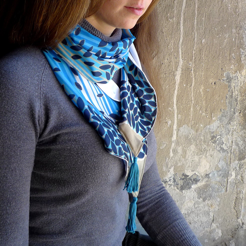 Blue Tassel Scarf, Neck Scarf, Spring Scarf, Fashion Accessories, Striped Scarf -  Leaf Vintage Retro Fabric, Jersey