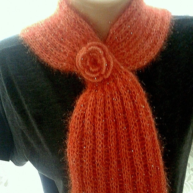 Hand Knit Scarflette Scarf Cowl Neckwarmer with Glitter and Crochet Flower Ready to Ship Spring Summer Fall Winter Women Clothing Accessory