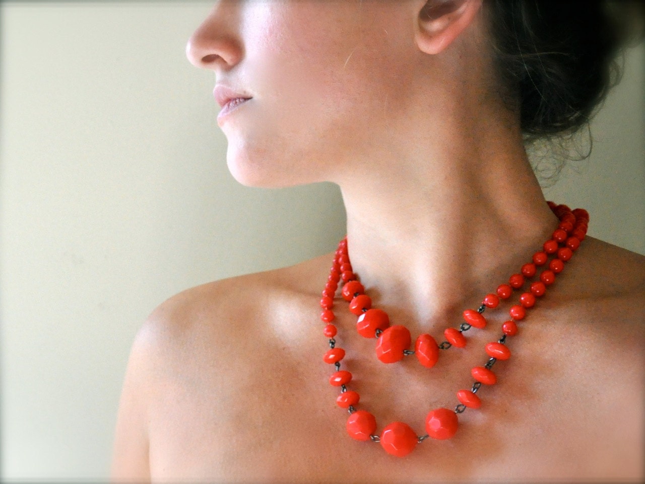 Romantic Red Beaded Long Necklace - Vintage Bohemian Jewelry